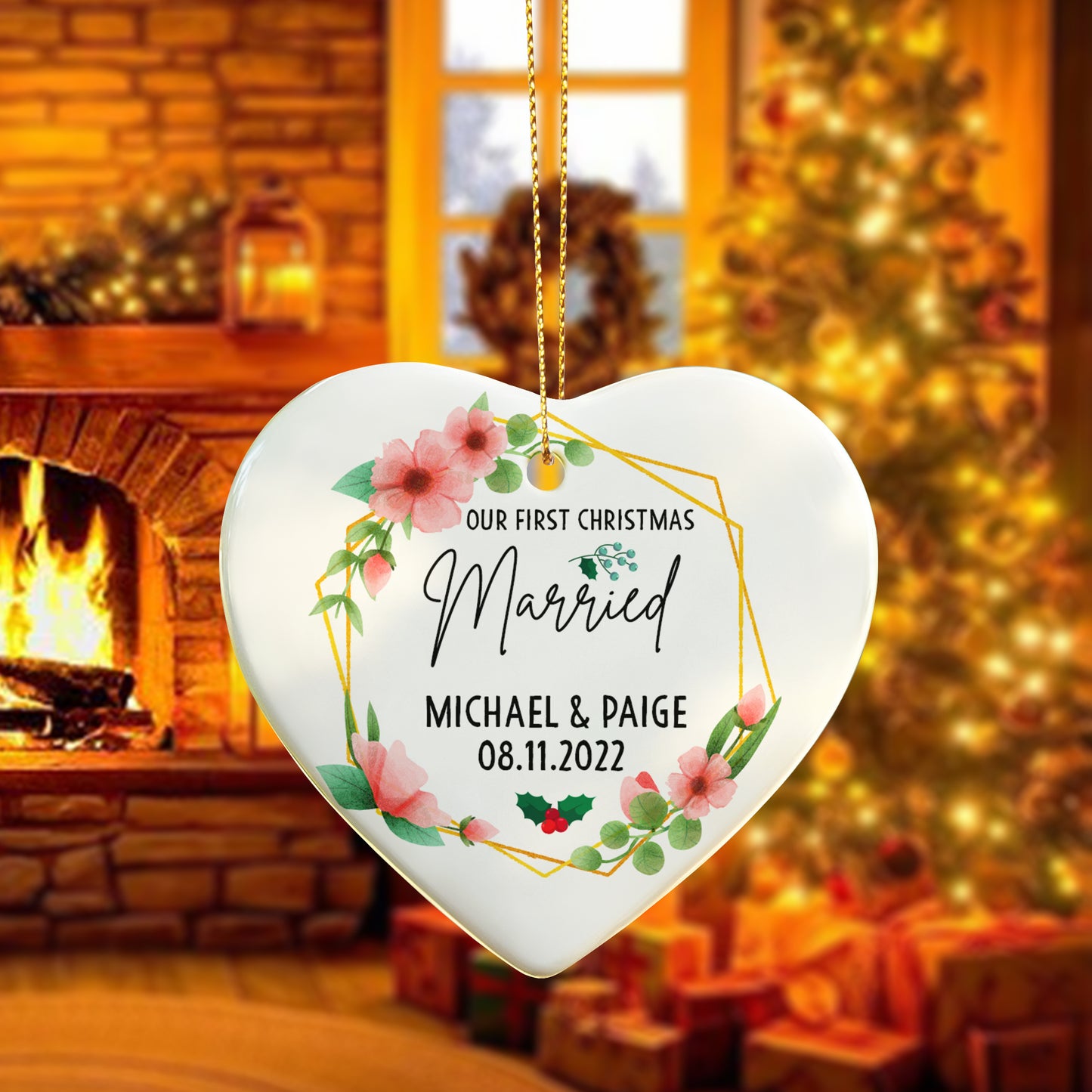 Our First Christmas Married Ornament 2025 – Personalized Floral Ceramic Heart Ornament for Couples, Custom Newlywed Gift, Wedding Keepsake Decoration