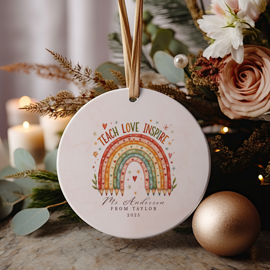 Personalized Teacher Ornament – Custom Name Christmas Gift from Student – Teach Love Inspire Rainbow Keepsake