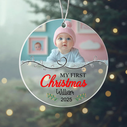My First Christmas Ornament 2025 – Personalized Acrylic Photo Ornament with Baby Name – Custom Keepsake Gift for Newborn or Parents