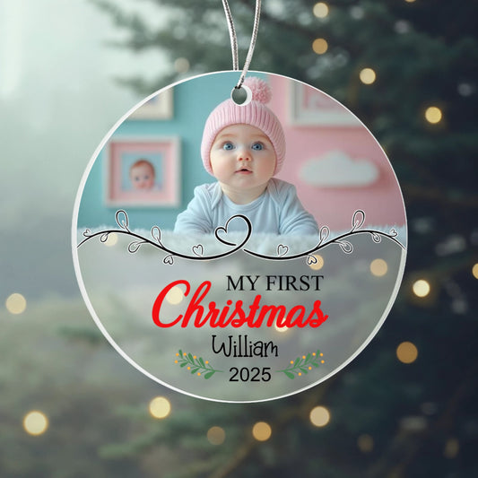 My First Christmas Ornament 2025 – Personalized Acrylic Photo Ornament with Baby Name – Custom Keepsake Gift for Newborn or Parents