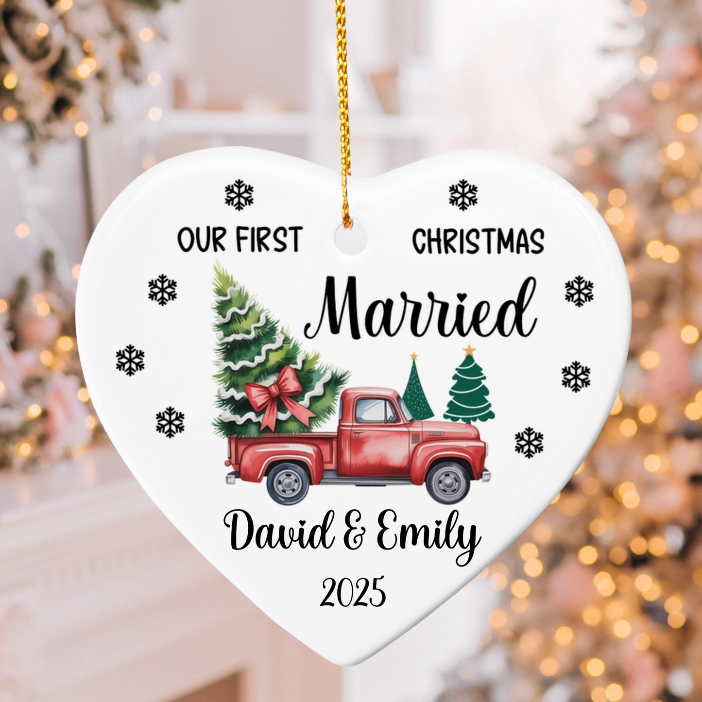 Personalized Married Ornament – Our First Christmas Married Ornament with Names & Year – Red Truck Newlywed Ornament Keepsake 2025