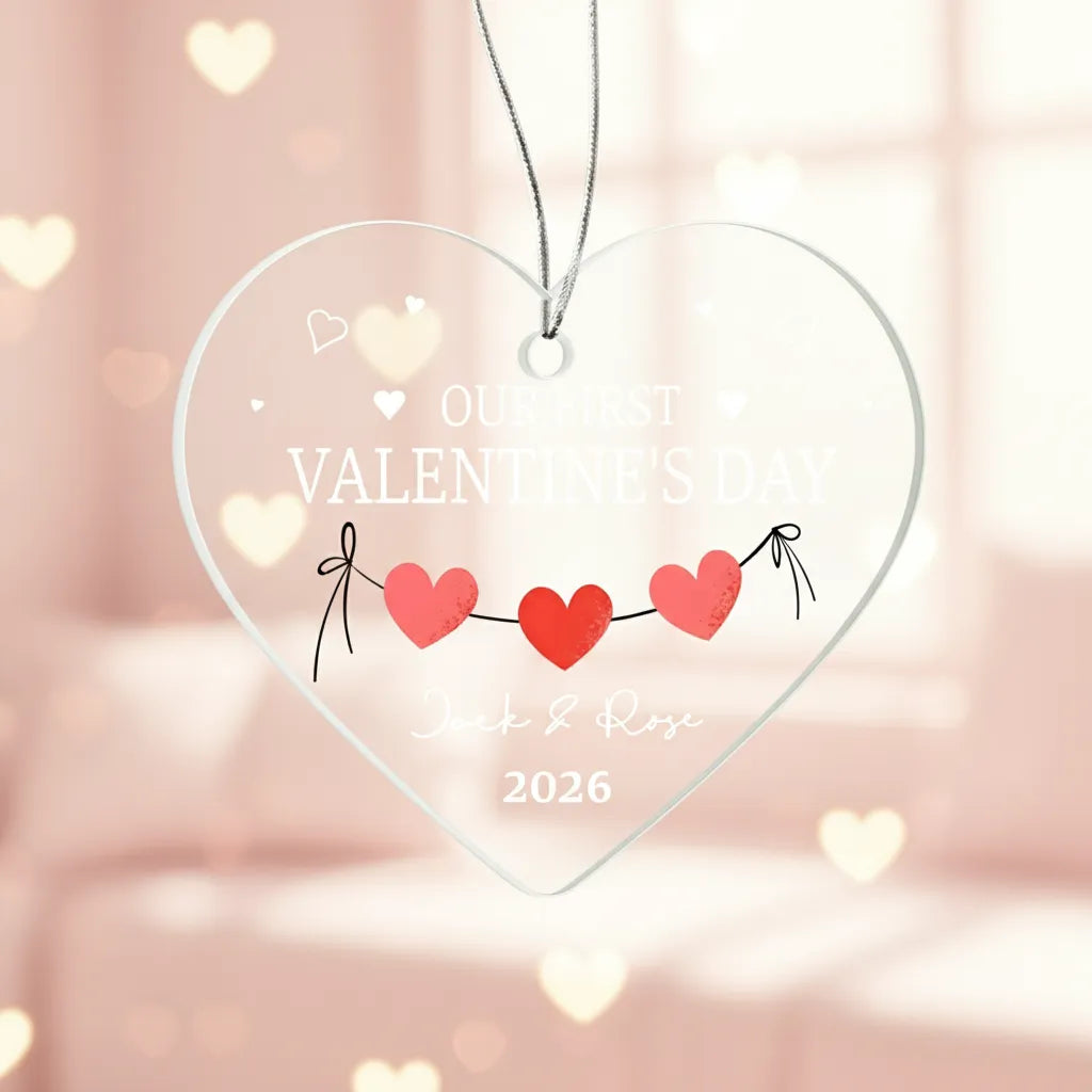 Personalized Acrylic Heart Ornament – Our First Valentine’s Day Gift, Custom Names & Year Couple Love Keepsake