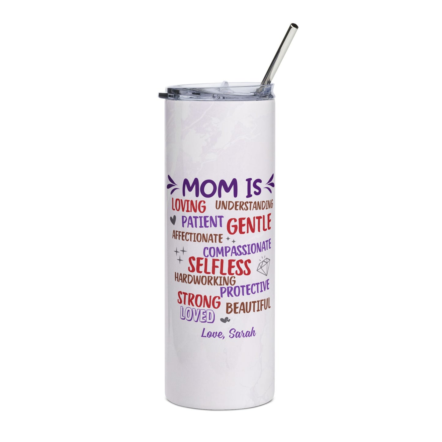 Mom Is" Personalized Word Cloud Tumbler – Custom Name | Loving Patient Strong Beautiful | Sentimental Mother's Day Gift from Kids | 20oz Skinny Tumbler with Straw
