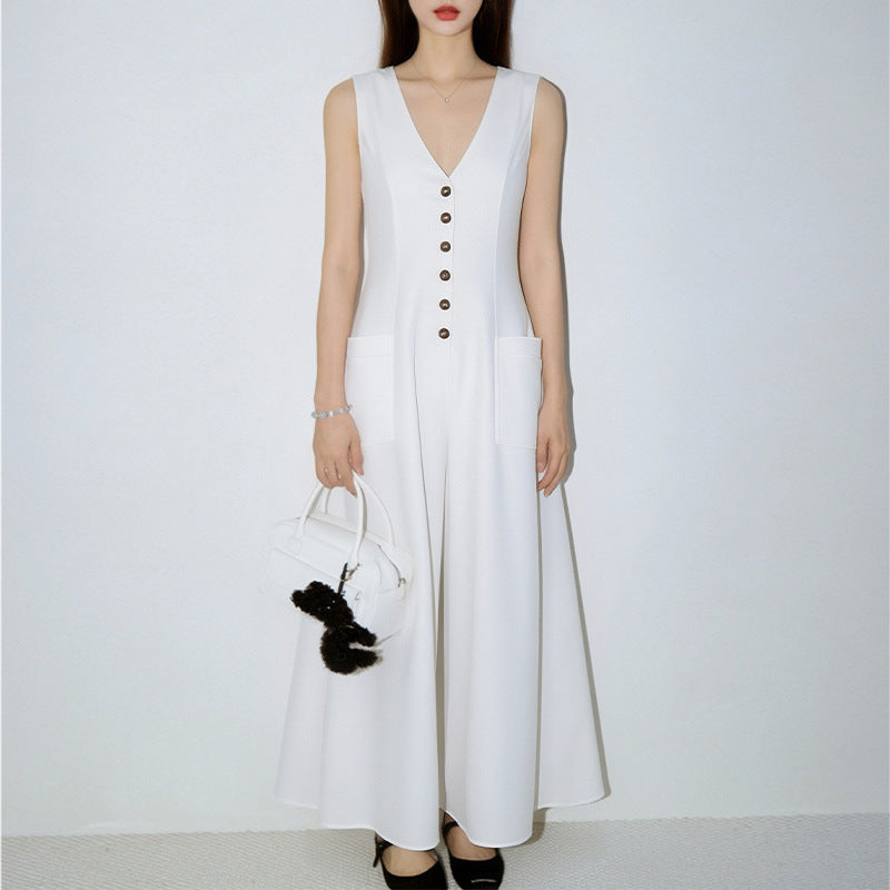 Sleeveless V-Neck Pencil Dress | Elegant Button-Up Bodycon | High Waist Slim Fit | Black White Pink Khaki | XS–3XL