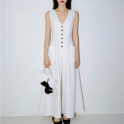 Sleeveless V-Neck Pencil Dress | Elegant Button-Up Bodycon | High Waist Slim Fit | Black White Pink Khaki | XS–3XL