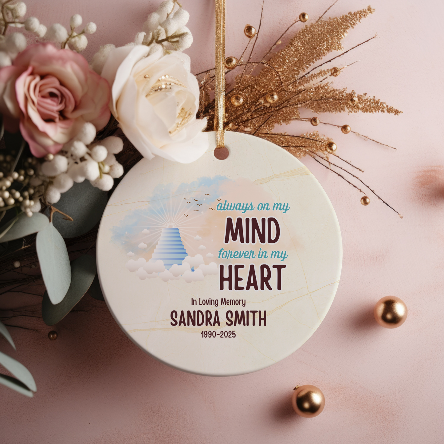 Personalized Memorial Ornament – “Always on My Mind, Forever in My Heart” – In Loving Memory Keepsake – Sympathy Gift for Loss