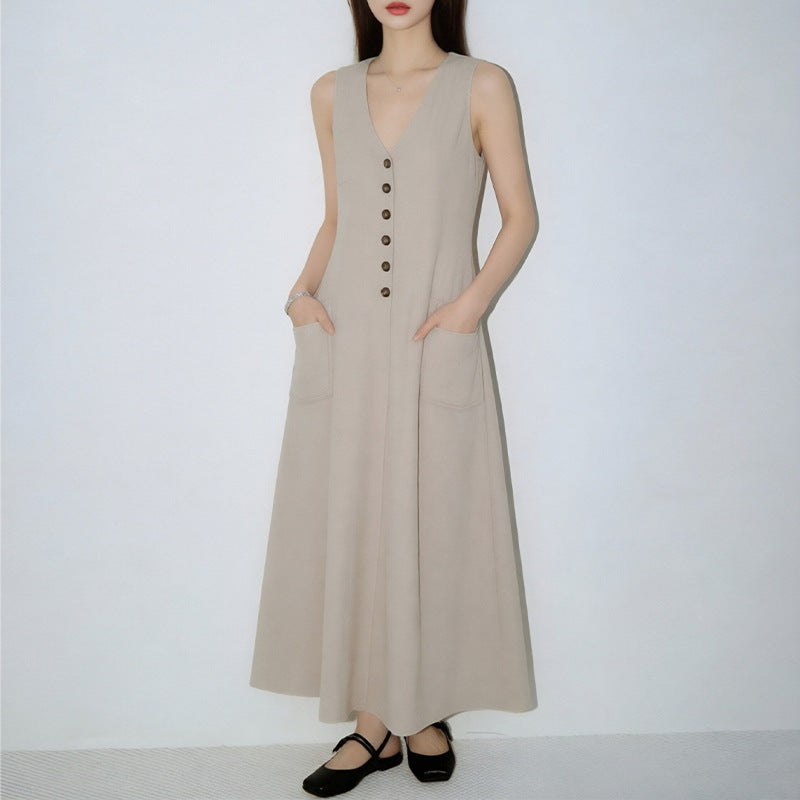 Sleeveless V-Neck Pencil Dress | Elegant Button-Up Bodycon | High Waist Slim Fit | Black White Pink Khaki | XS–3XL