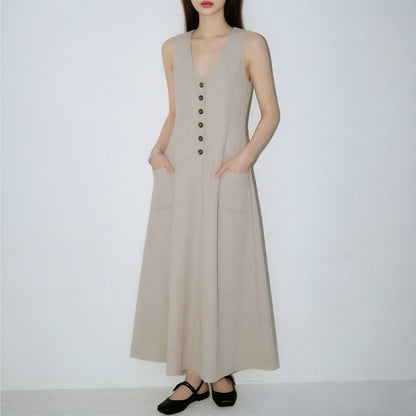 Sleeveless V-Neck Pencil Dress | Elegant Button-Up Bodycon | High Waist Slim Fit | Black White Pink Khaki | XS–3XL