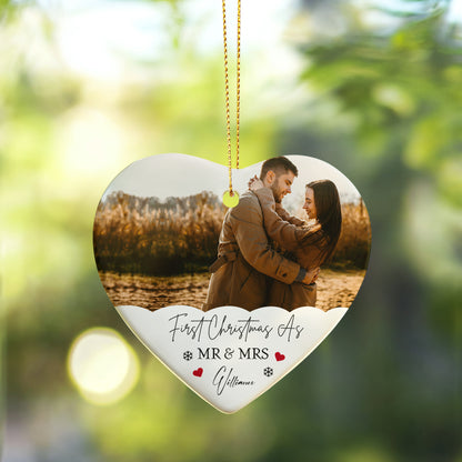 First Christmas As Mr & Mrs Photo Ornament – Personalized Ceramic Heart Ornament with Couple Picture & Family Name, Custom Newlywed Christmas Gift 2025