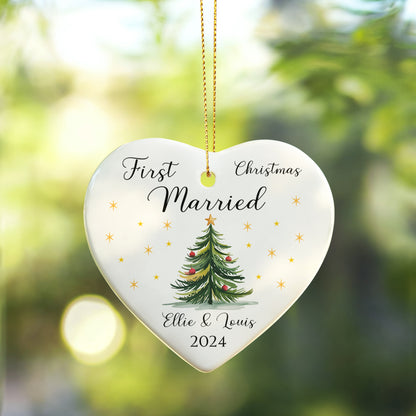 First Christmas Married Ornament 2025 – Personalized Ceramic Heart Ornament for Couples, Newlywed Christmas Tree Keepsake, Mr & Mrs Gift Decoration