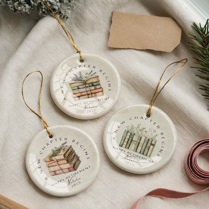 Personalized Retirement Ornament – Custom “A New Chapter Begins” Keepsake with Name & Year – Gift for Retired Coworker or Teacher