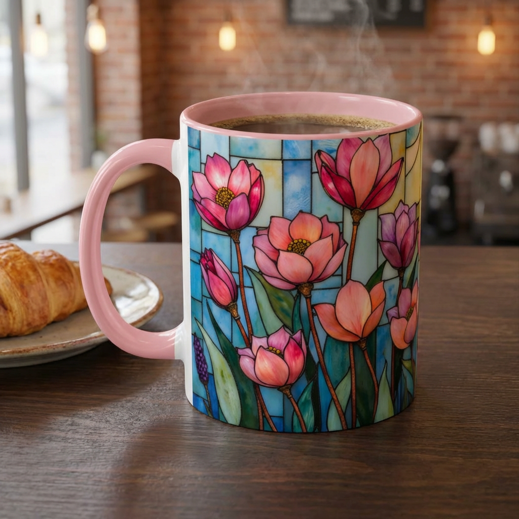 Stained Glass Tulip Mug – Floral Coffee Mug | Botanical Art Mug | Mother's Day, Birthday, Easter Gift for Her | 11oz & 15oz Accent Coffee Mug