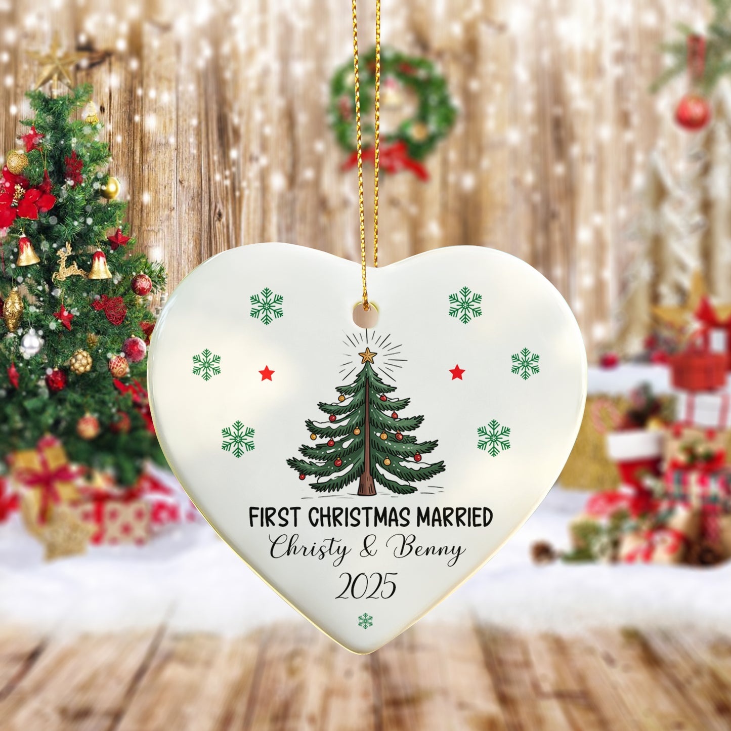 First Christmas Married Ornament 2025 – Personalized Ceramic Heart Ornament for Couples, Custom Newlywed Christmas Gift, Mr & Mrs Keepsake Decoration