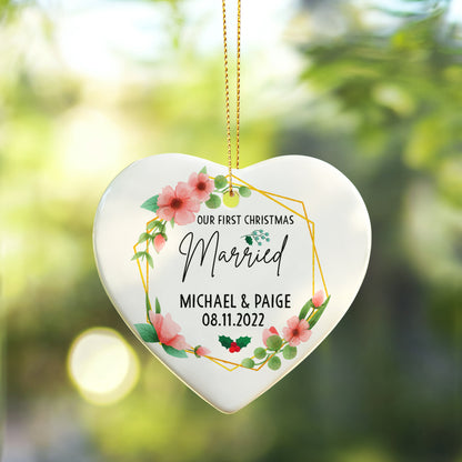 Our First Christmas Married Ornament 2025 – Personalized Floral Ceramic Heart Ornament for Couples, Custom Newlywed Gift, Wedding Keepsake Decoration