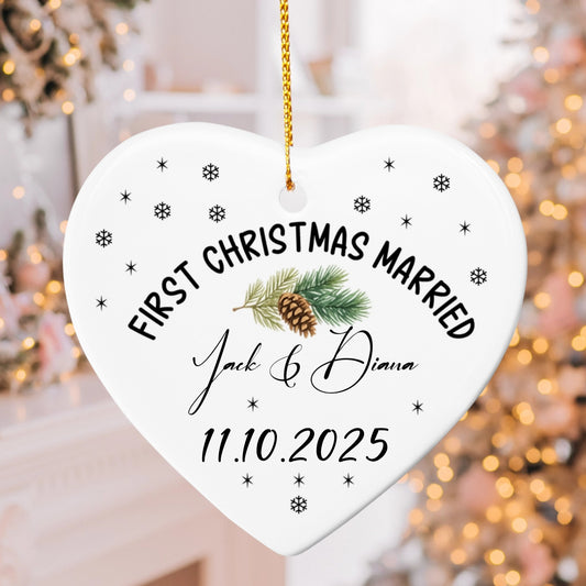 First Christmas Married Ornament 2025 – Personalized Ceramic Heart Ornament for Couples, Pinecone Christmas Decoration, Custom Newlywed Gift