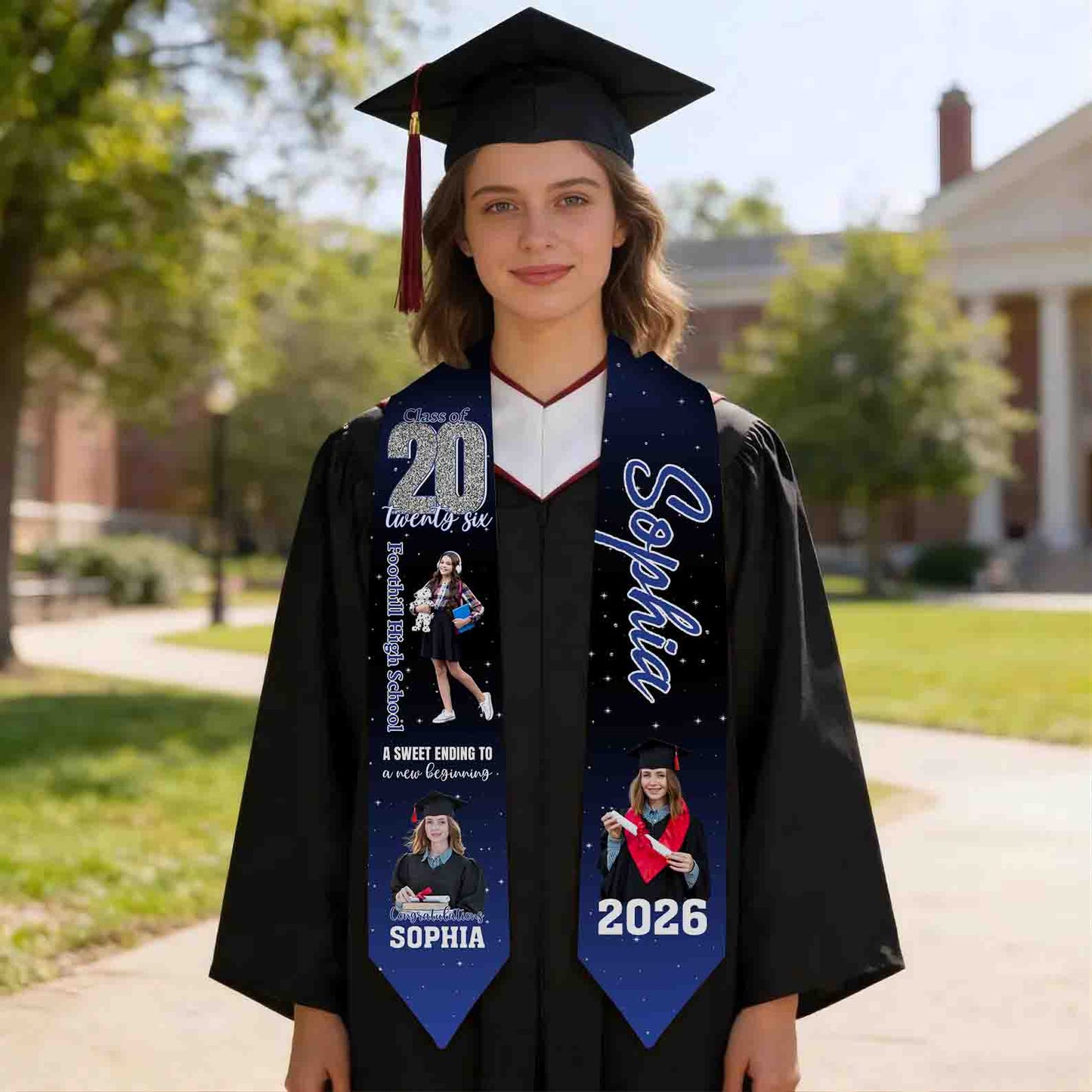 Personalized Navy Blue Graduation Stole Class of 2026 – Custom Name Photo Graduation Sash, Senior Graduation Gift for Her or Him