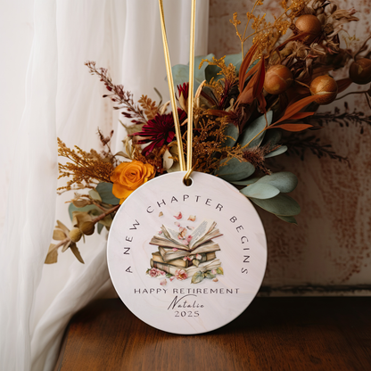 Personalized Retirement Ornament – Custom “A New Chapter Begins” Keepsake with Name & Year – Gift for Retired Coworker or Teacher