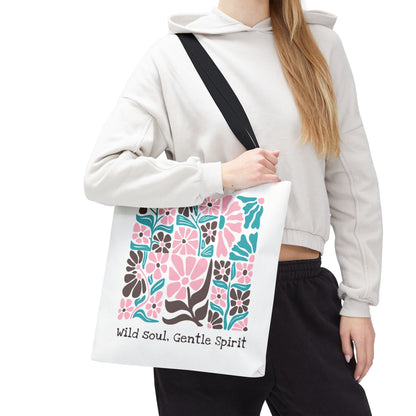 🛍️ Wild Soul, Gentle Spirit – Boho Floral Tote Bag  – Available in 3 Sizes & 2 Handle Colors