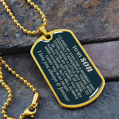 To My Son Dog Tag Necklace – Meaningful Keepsake Gift in Silver or Gold Finish