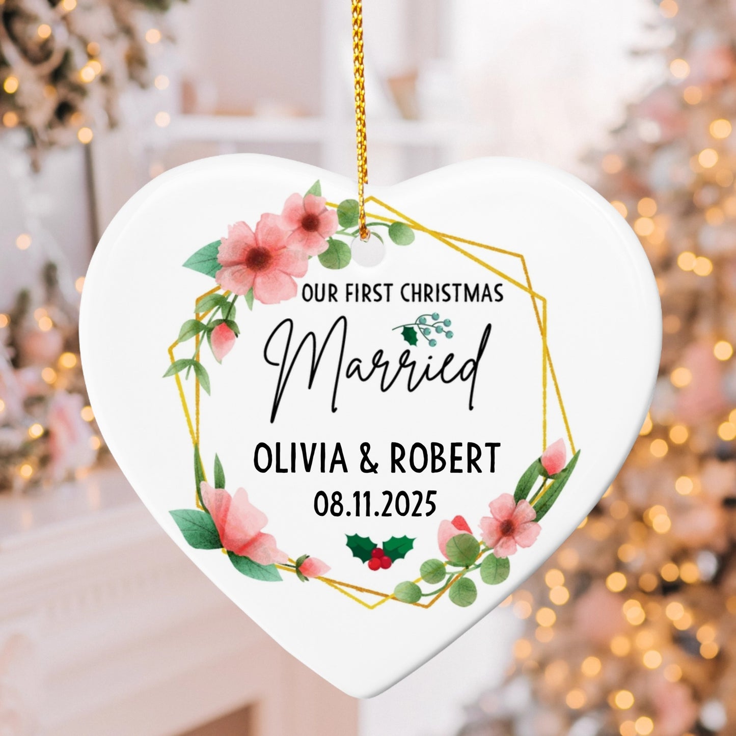 Our First Christmas Married Ornament 2025 – Personalized Floral Ceramic Heart Ornament for Couples, Custom Newlywed Gift, Wedding Keepsake Decoration
