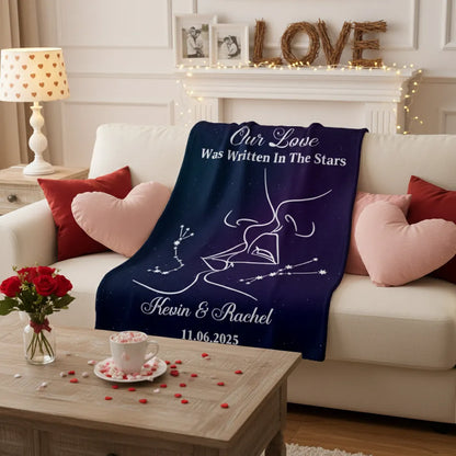 Personalized Valentine Star Blanket – Our Love Was Written in the Stars Coral Fleece Blanket, Custom Names & Date