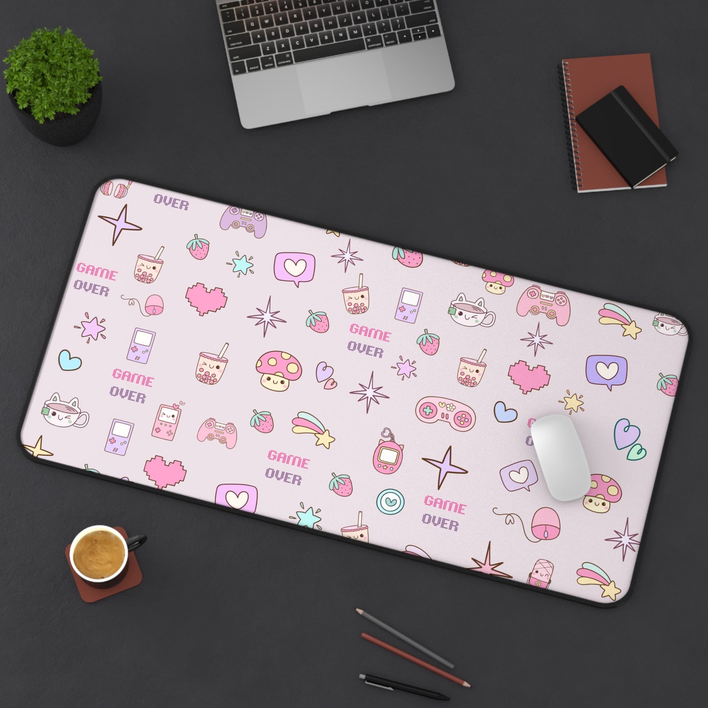 Kawaii Gamer Desk Mat – Cute Gaming Mouse Pad for Girls | "Game Over" Pastel Desk Accessory