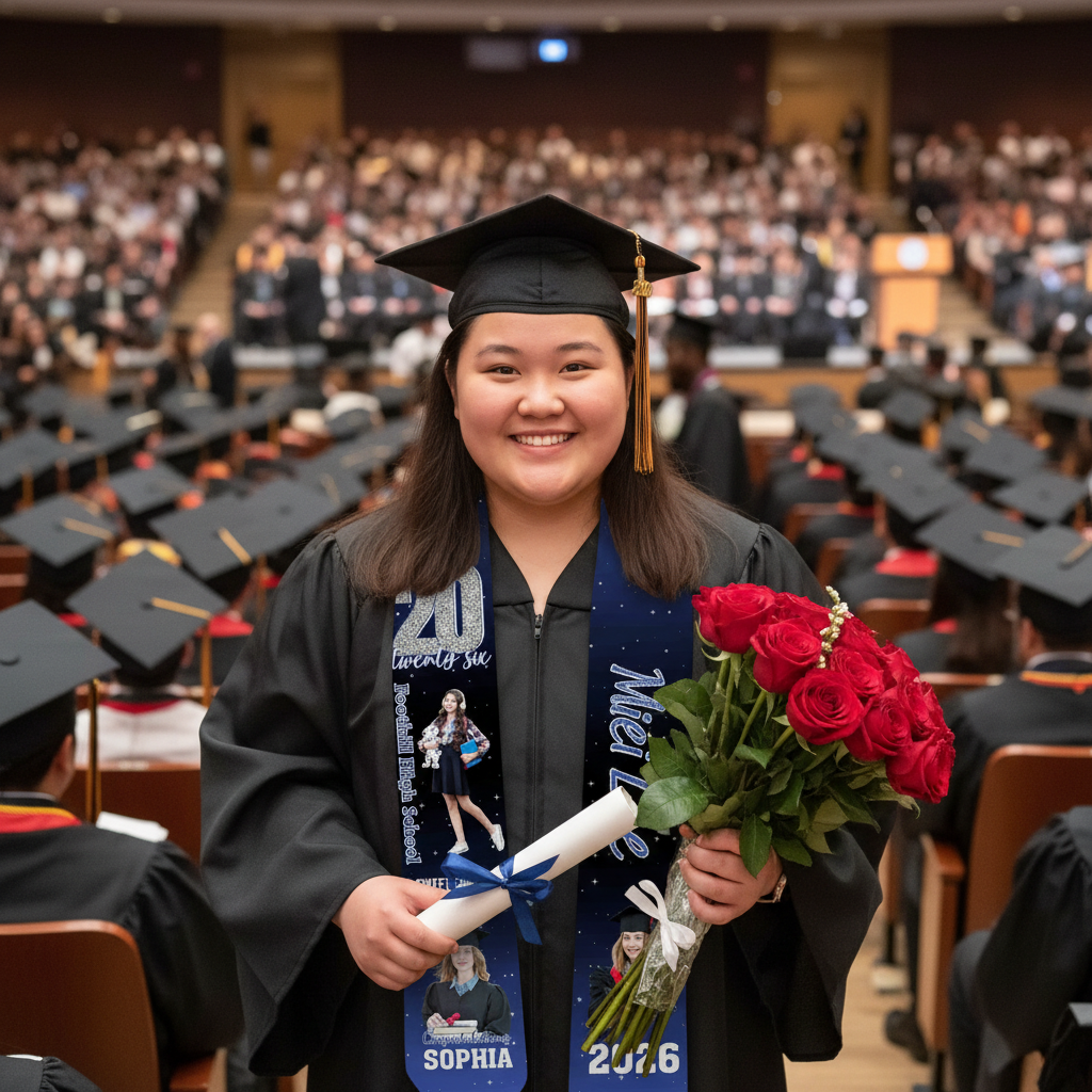 Personalized Navy Blue Graduation Stole Class of 2026 – Custom Name Photo Graduation Sash, Senior Graduation Gift for Her or Him