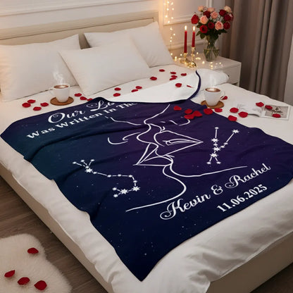 Personalized Valentine Star Blanket – Our Love Was Written in the Stars Coral Fleece Blanket, Custom Names & Date