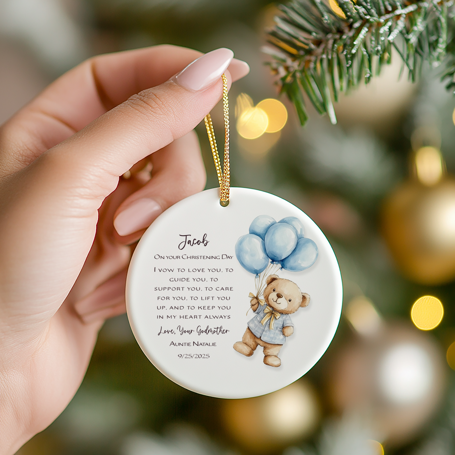 Personalized Christening Ornament – Baby Baptism Gift from Godmother or Loved One – Custom Keepsake with Name & Date – Christening Day Ornament