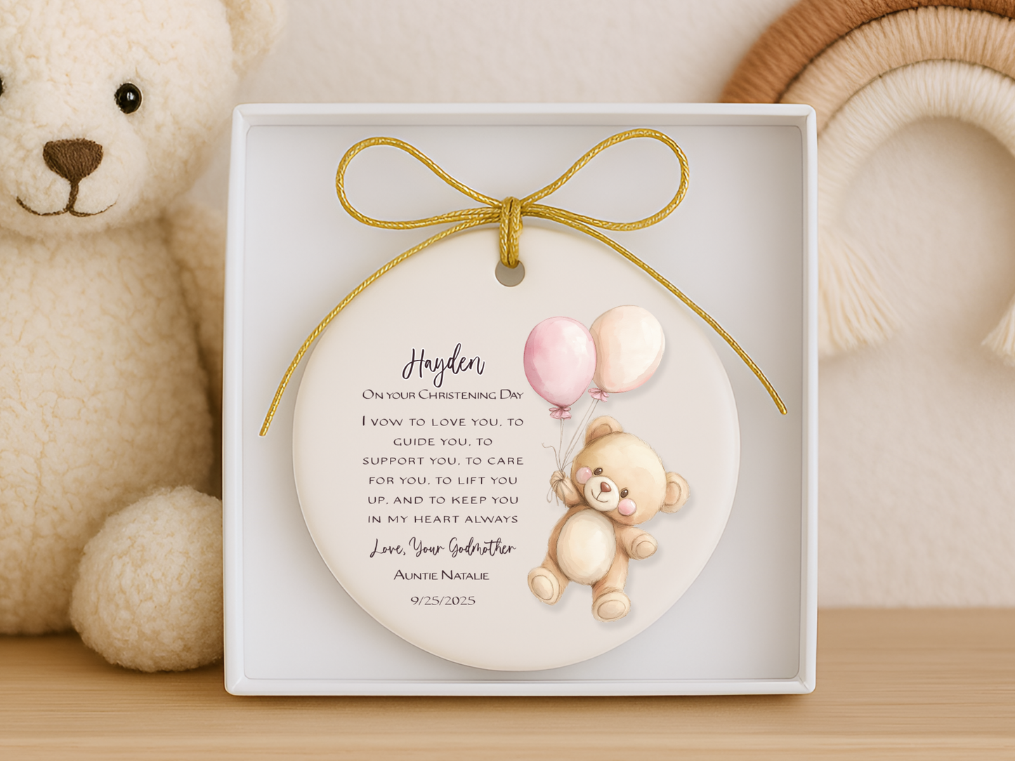 Personalized Christening Ornament – Baby Baptism Gift from Godmother or Loved One – Custom Keepsake with Name & Date – Christening Day Ornament