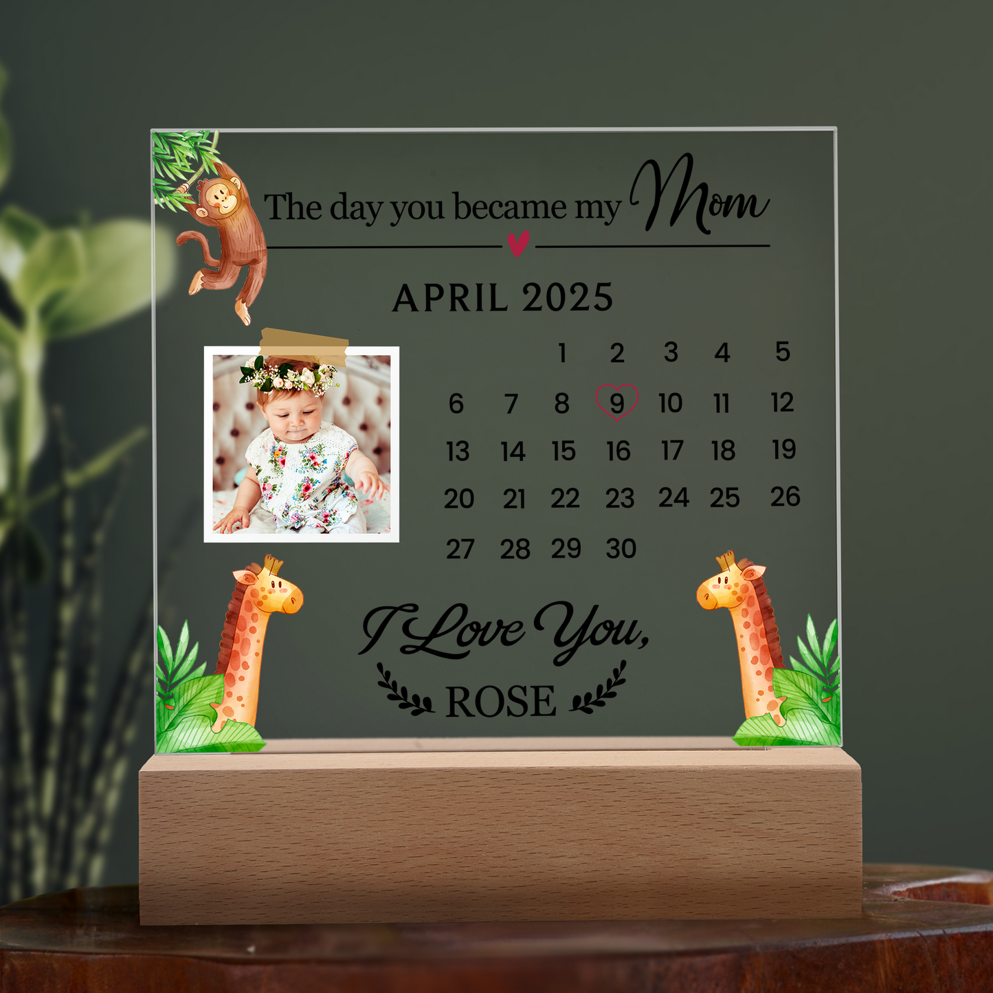 Custom “The Day You Became My Mom” Photo Calendar Plaque, a heartfelt keepsake with personalized details and special dates.
