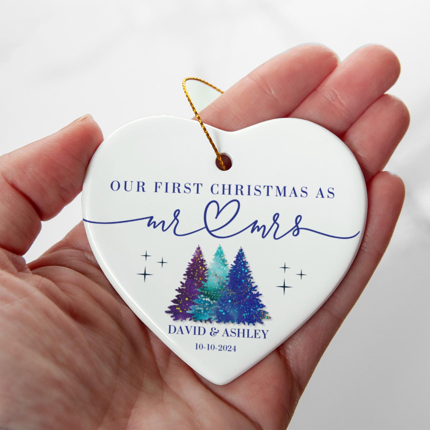 Personalized Our First Christmas as Mr & Mrs Ornament – Custom Heart-Shaped Newlywed Keepsake with Names & Date