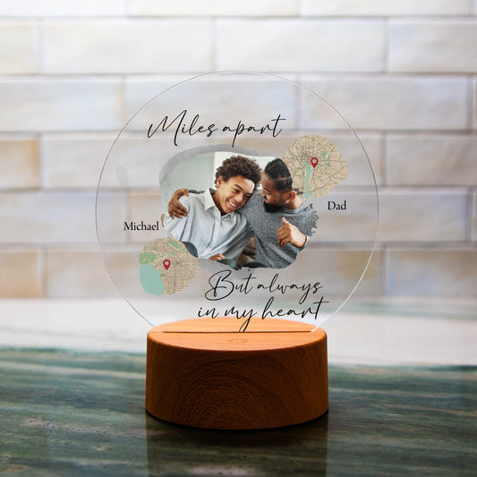 Personalized “Miles Apart” Acrylic LED Plaque – Custom Photo & Map Keepsake for Father & Son