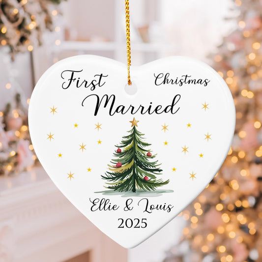 First Christmas Married Ornament 2025 – Personalized Ceramic Heart Ornament for Couples, Newlywed Christmas Tree Keepsake, Mr & Mrs Gift Decoration