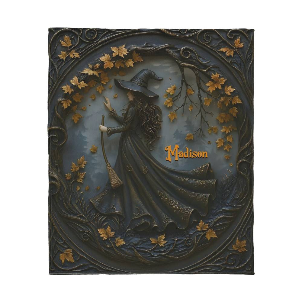 Personalized Autumn Halloween Witch Jersey Fleece Blanket – Custom Name