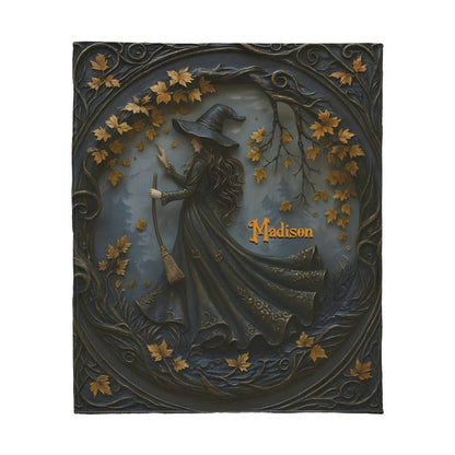 Personalized Autumn Halloween Witch Jersey Fleece Blanket – Custom Name