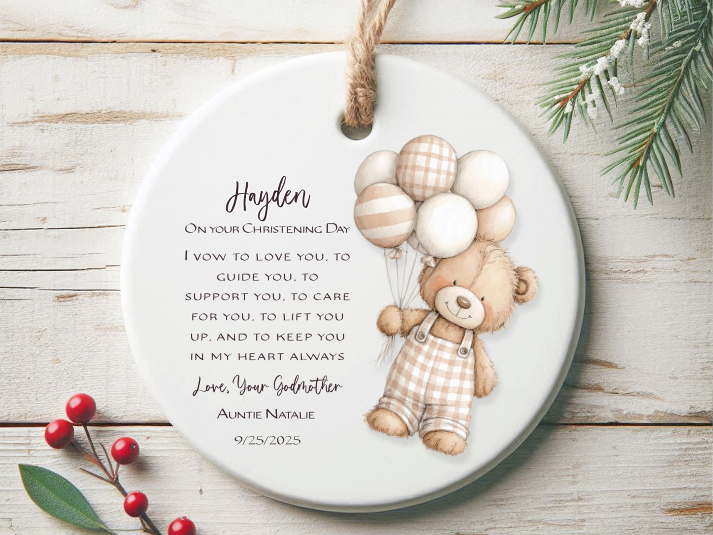 Personalized Christening Ornament – Baby Baptism Gift from Godmother or Loved One – Custom Keepsake with Name & Date – Christening Day Ornament