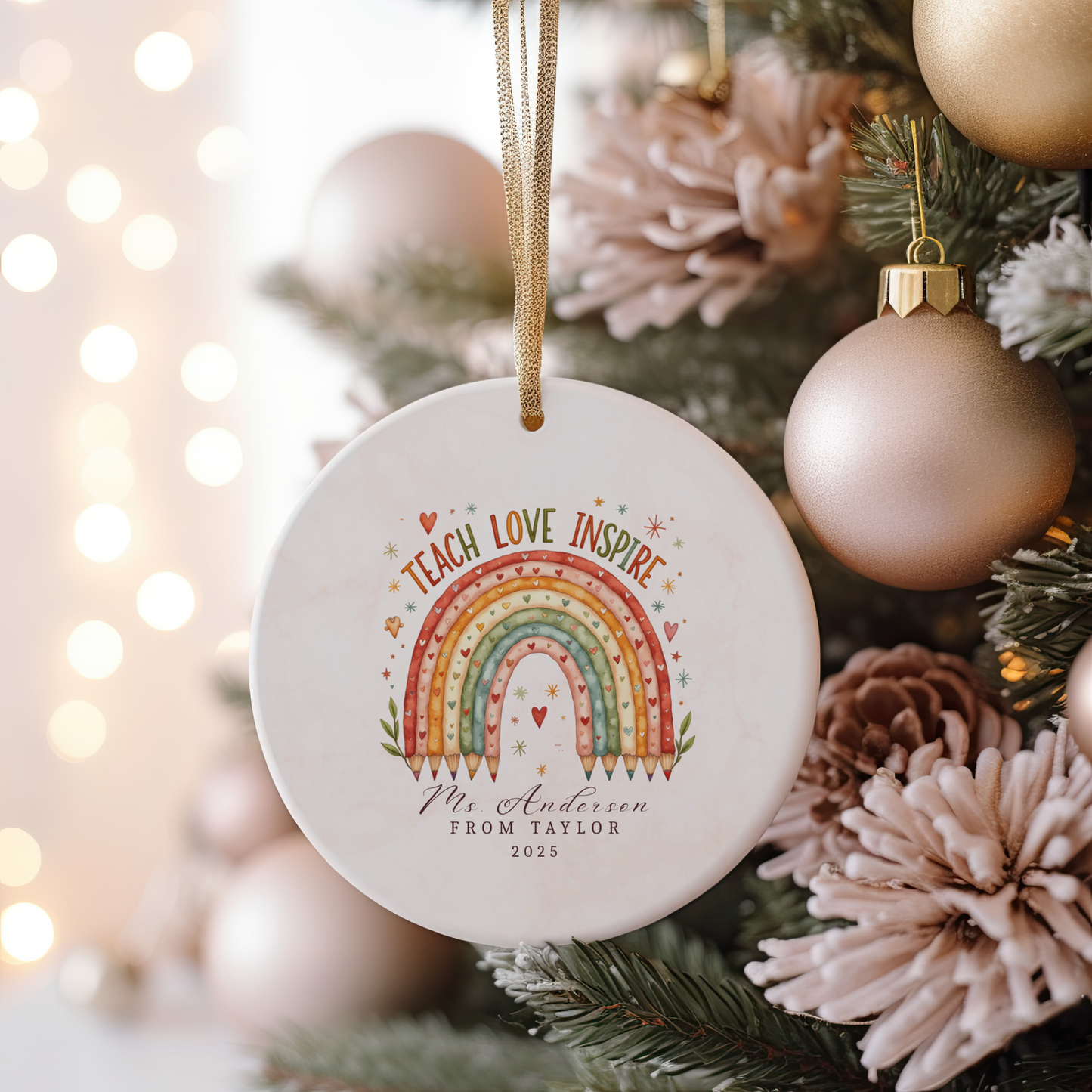 Personalized Teacher Ornament – Custom Name Christmas Gift from Student – Teach Love Inspire Rainbow Keepsake