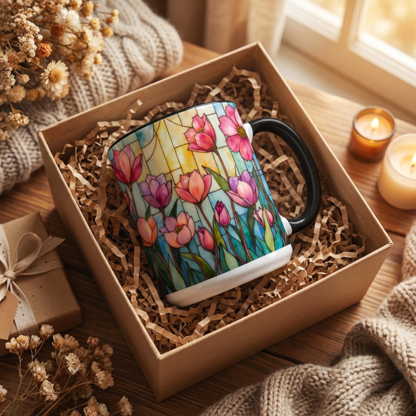 Stained Glass Tulip Mug – Floral Coffee Mug | Botanical Art Mug | Mother's Day, Birthday, Easter Gift for Her | 11oz & 15oz Accent Coffee Mug