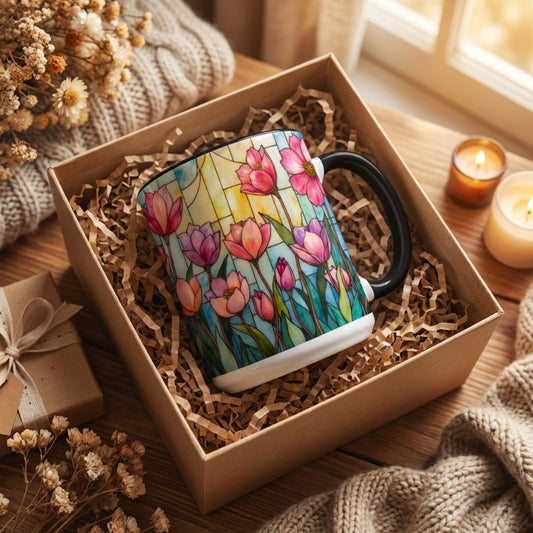 Stained Glass Tulip Mug – Floral Coffee Mug | Botanical Art Mug | Mother's Day, Birthday, Easter Gift for Her | 11oz & 15oz Accent Coffee Mug