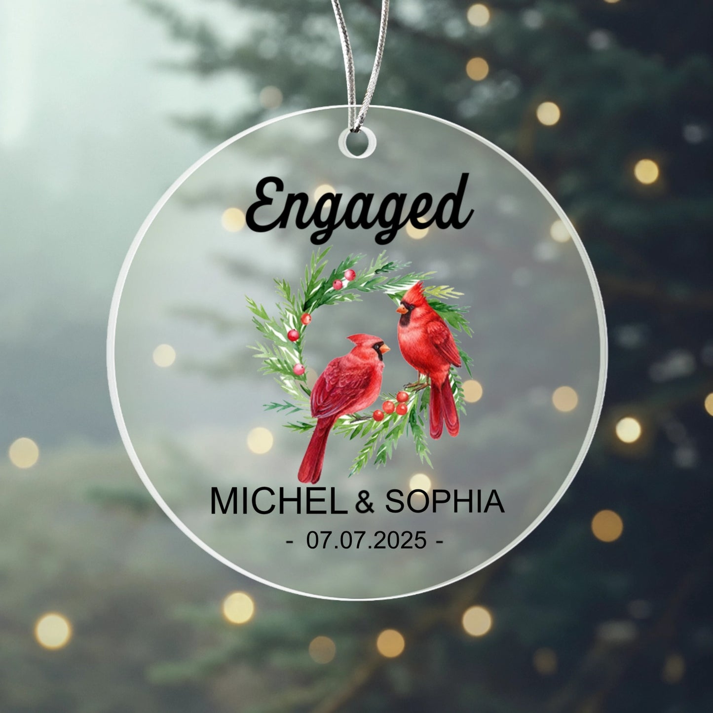 Engaged Personalized Acrylic Ornament 2025 – Custom Couple Ornament with Cardinals, Engagement Gift Keepsake for Couples
