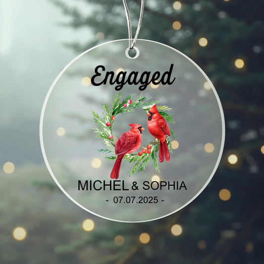 Engaged Personalized Acrylic Ornament 2025 – Custom Couple Ornament with Cardinals, Engagement Gift Keepsake for Couples
