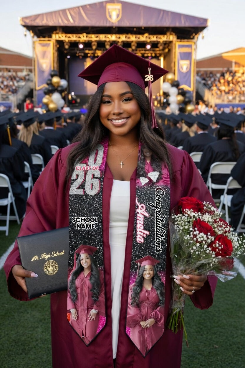 Personalized Graduation Stole Class of 2026 – Custom Name Photo Graduation Sash with School Name, Senior Gift for Her or Him
