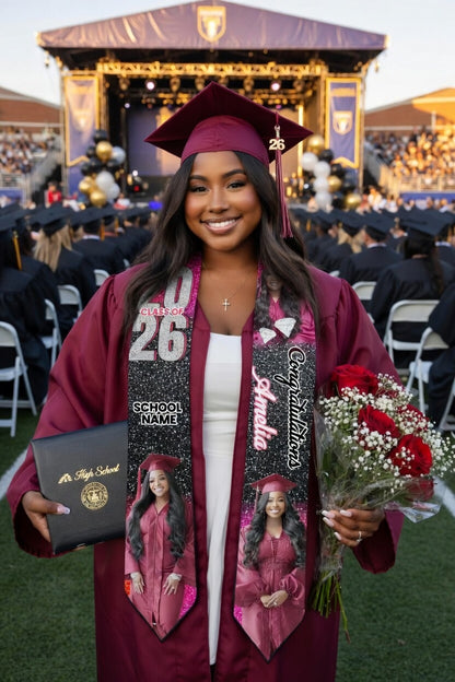 Personalized Graduation Stole Class of 2026 – Custom Name Photo Graduation Sash with School Name, Senior Gift for Her or Him
