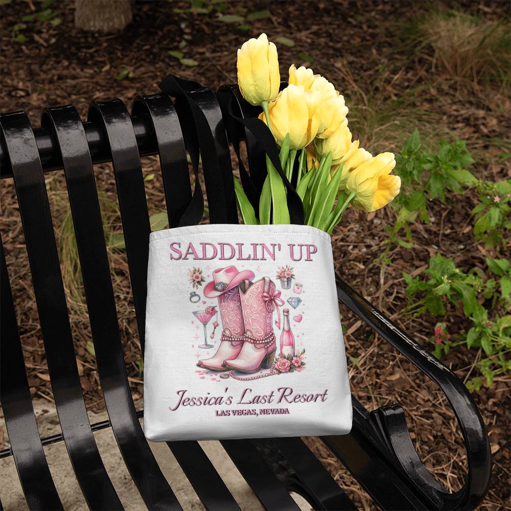 Saddlin’ Up Bachelorette Tote – Custom Bride Name & Party Location Tote Bag