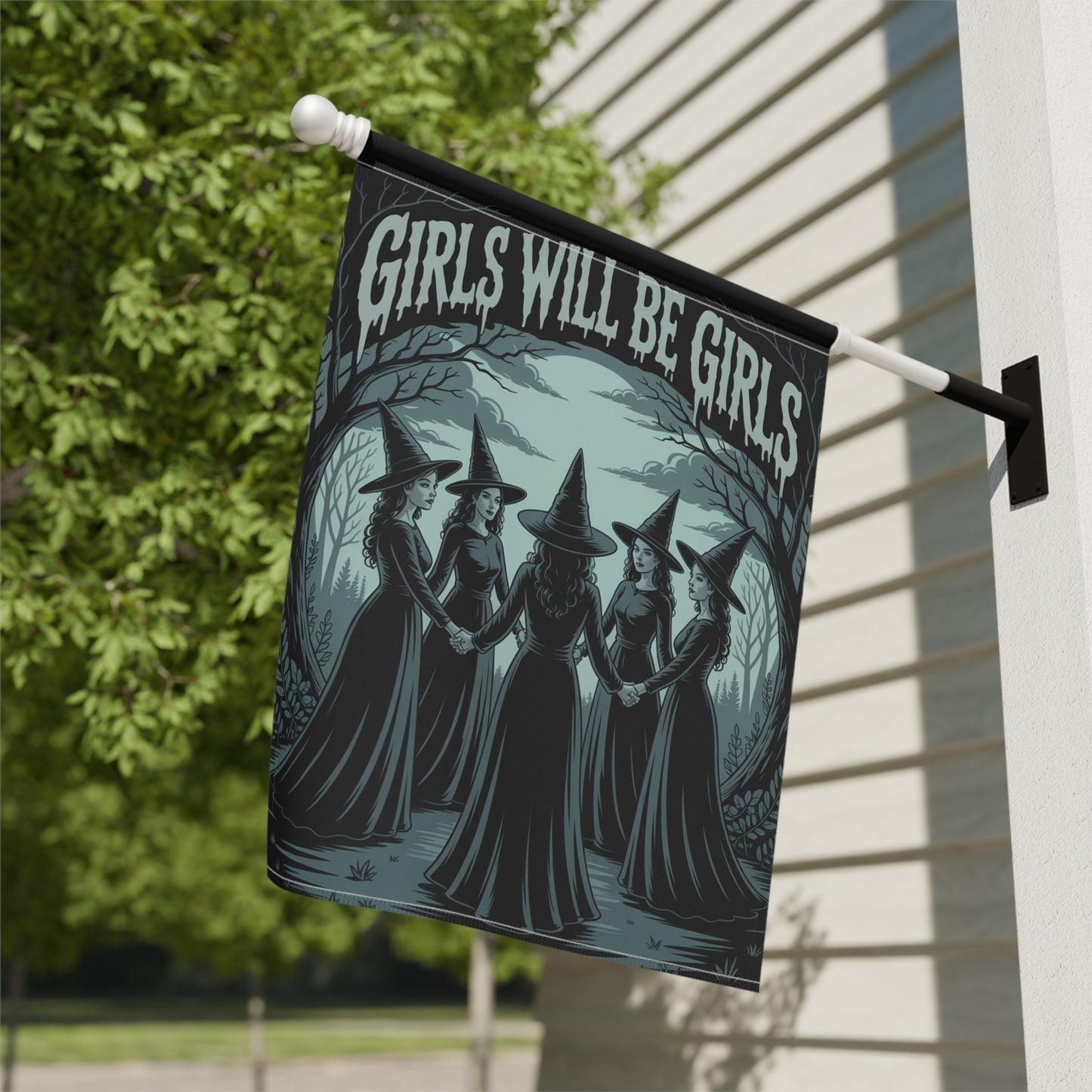 Girls Will Be Girls Garden Flag – Gothic Witch Coven Outdoor Halloween Décor – Feminist Spooky Yard Flag