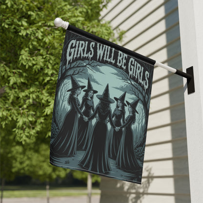 Girls Will Be Girls Garden Flag – Gothic Witch Coven Outdoor Halloween Décor – Feminist Spooky Yard Flag