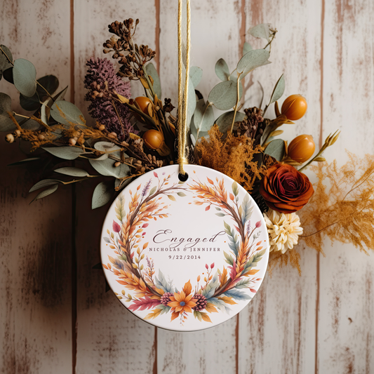 Personalized Engagement Ornament – Custom Names & Date – Wedding Bells Wreath Christmas Keepsake