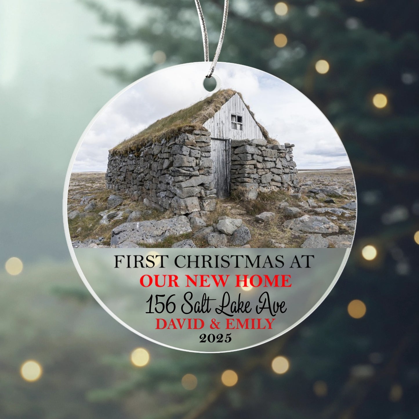 First Christmas at Our New Home Ornament 2025 – Personalized Acrylic Circle Ornament with Photo, Address & Names, Custom Housewarming Christmas Gift