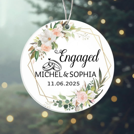 Engaged Personalized Acrylic Ornament 2025 – Custom Engagement Ornament with Floral Design, Romantic Couple Gift Keepsake